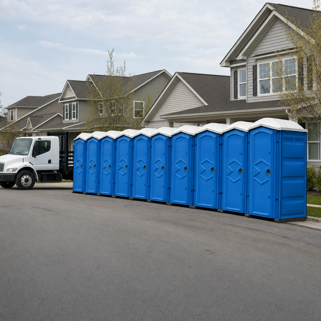 Royal blue portable toilets staged in a tidy row at a Hartford jobsite, ready for delivery